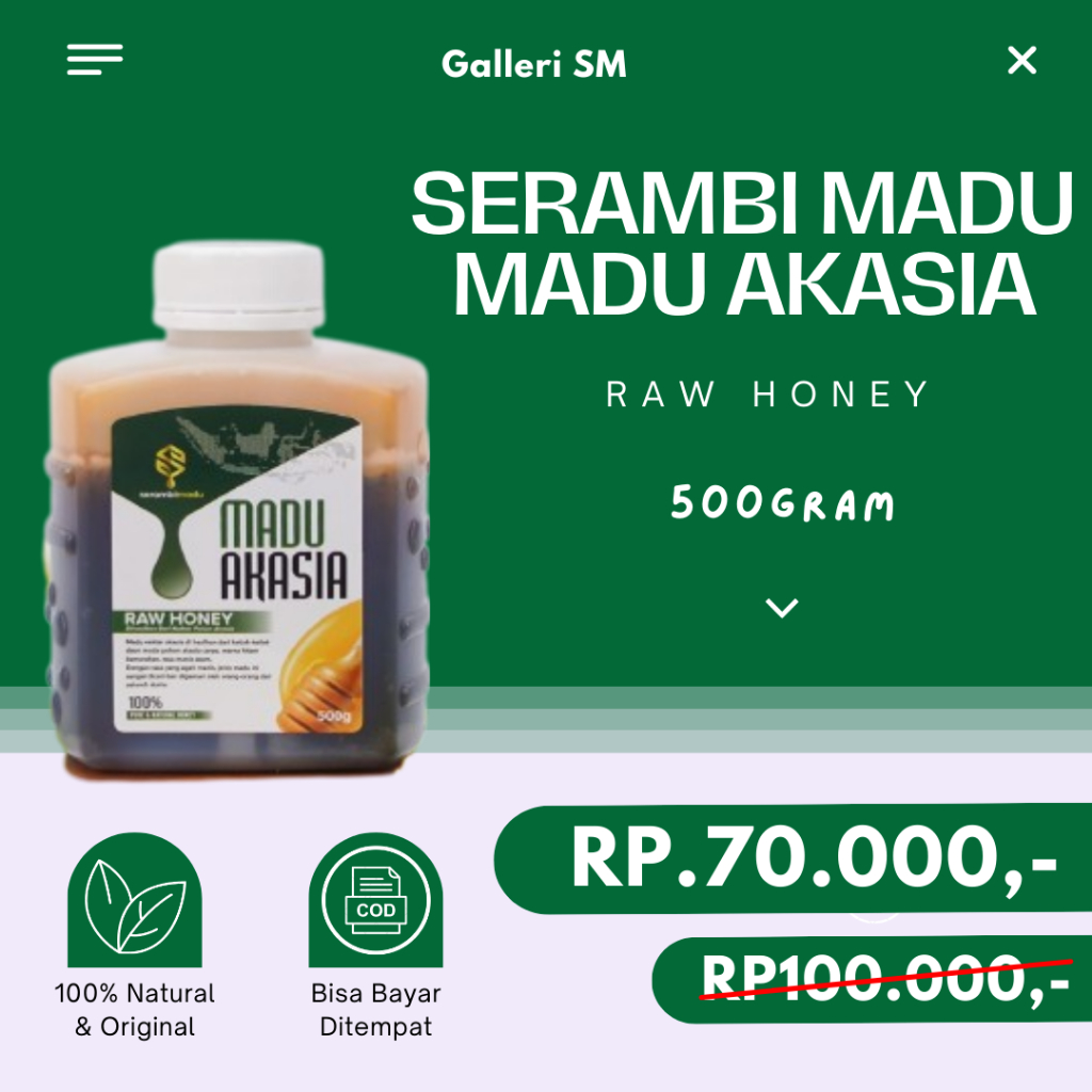 

Serambi Madu Akasia 500gr Dari Nektar Pohon Akasia Raw Honey Pure & Natural Honey Madu Murni Asli Original