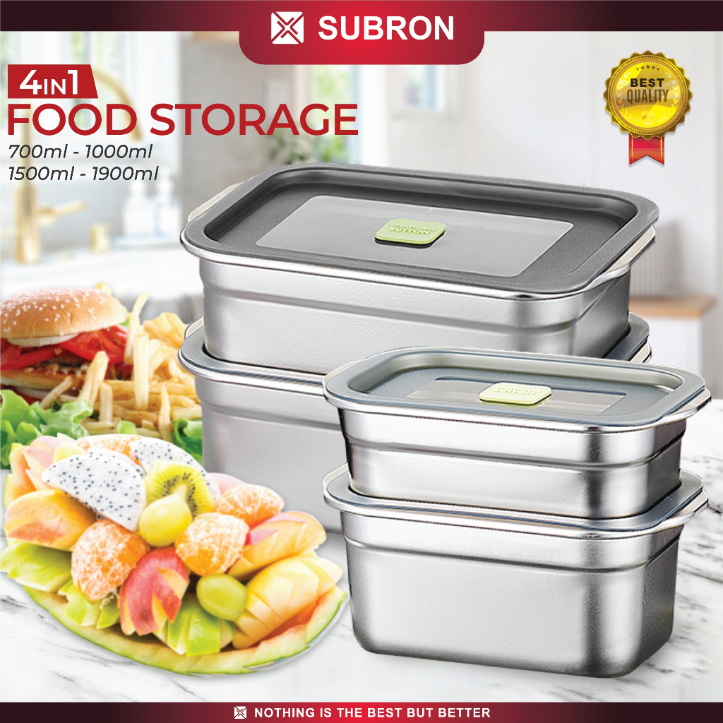 SUBRON Food Storage 4in1 Stainless  0.7L 1L 1.5L dan 1.9L Tempat Penyimpan Makanan Set Tutup Kotak B