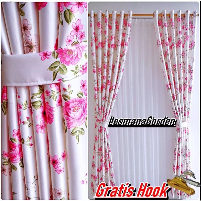 gorden pintu jendela kamar blackout motif bunga shabby sakura panjang 2m