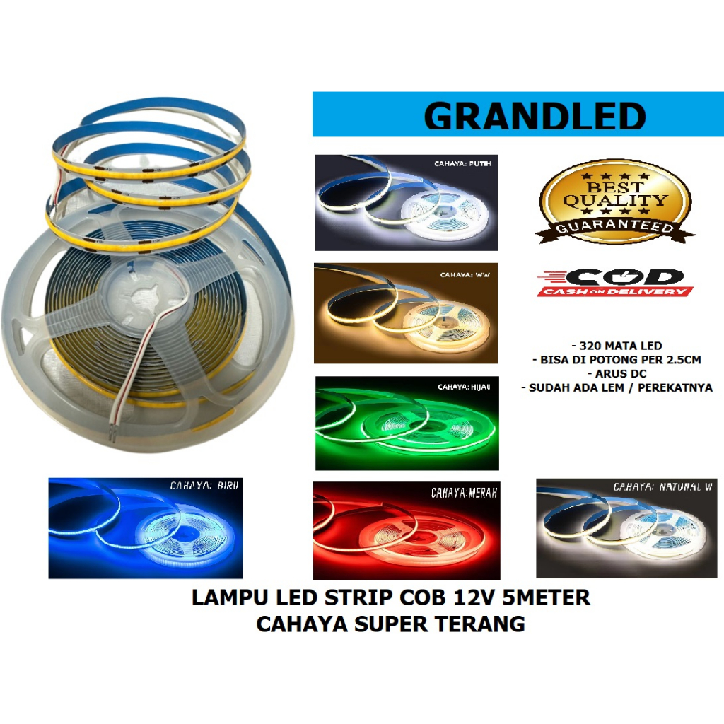 Lampu Led Strip COB  DC 12volt 5 meter 320led / Lampu Strip Light COB IP33 -  Cahaya Super Terang