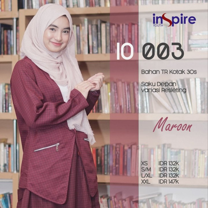 YINS-IO 003 Maroon TR Kotak 30s Outer Wanita Dewasa Motif Kotak Simpel Cardigan Remaja Muslimah Blaz