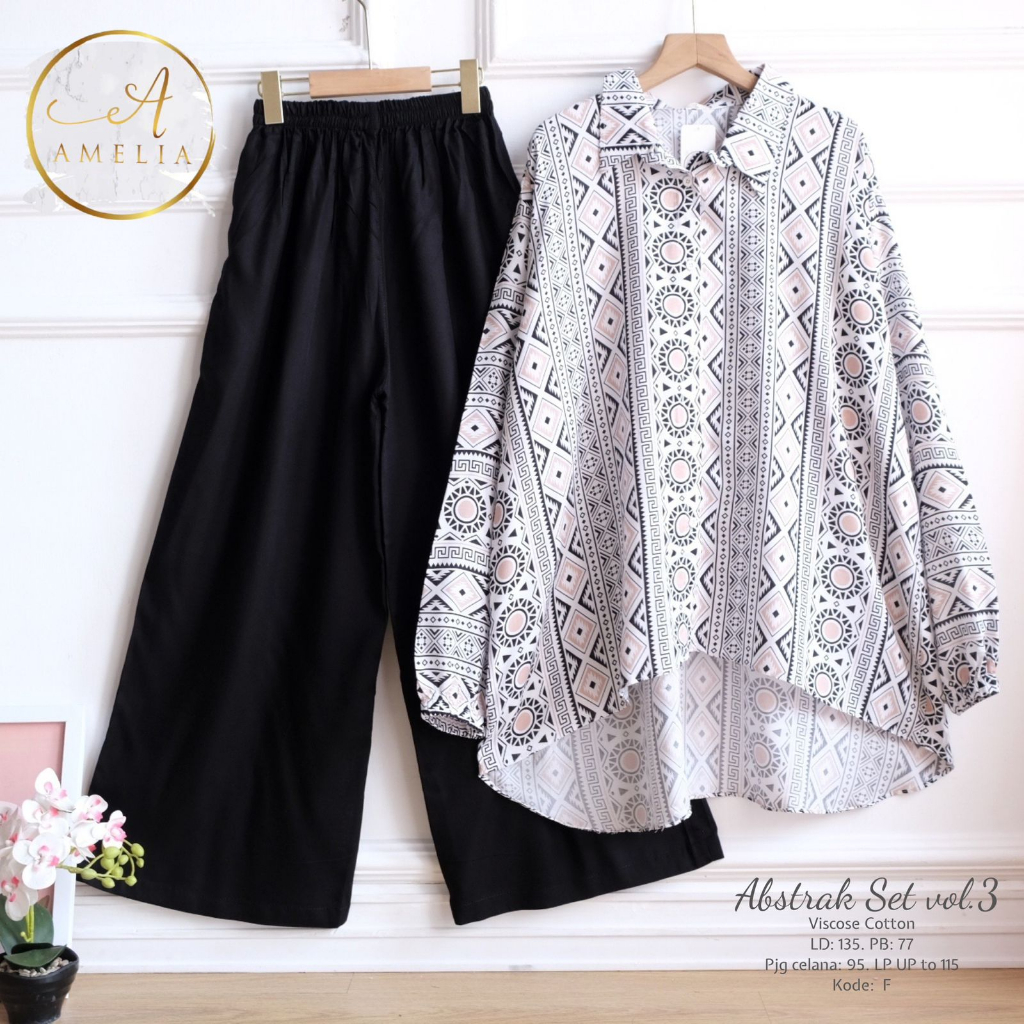 ABSTRAK SET ORIGINAL BY AMELIA SETELAN BAJU WANITA BLOUSE OVERSIZE MOTIF DAN CELANA KULOT PANJANG ON