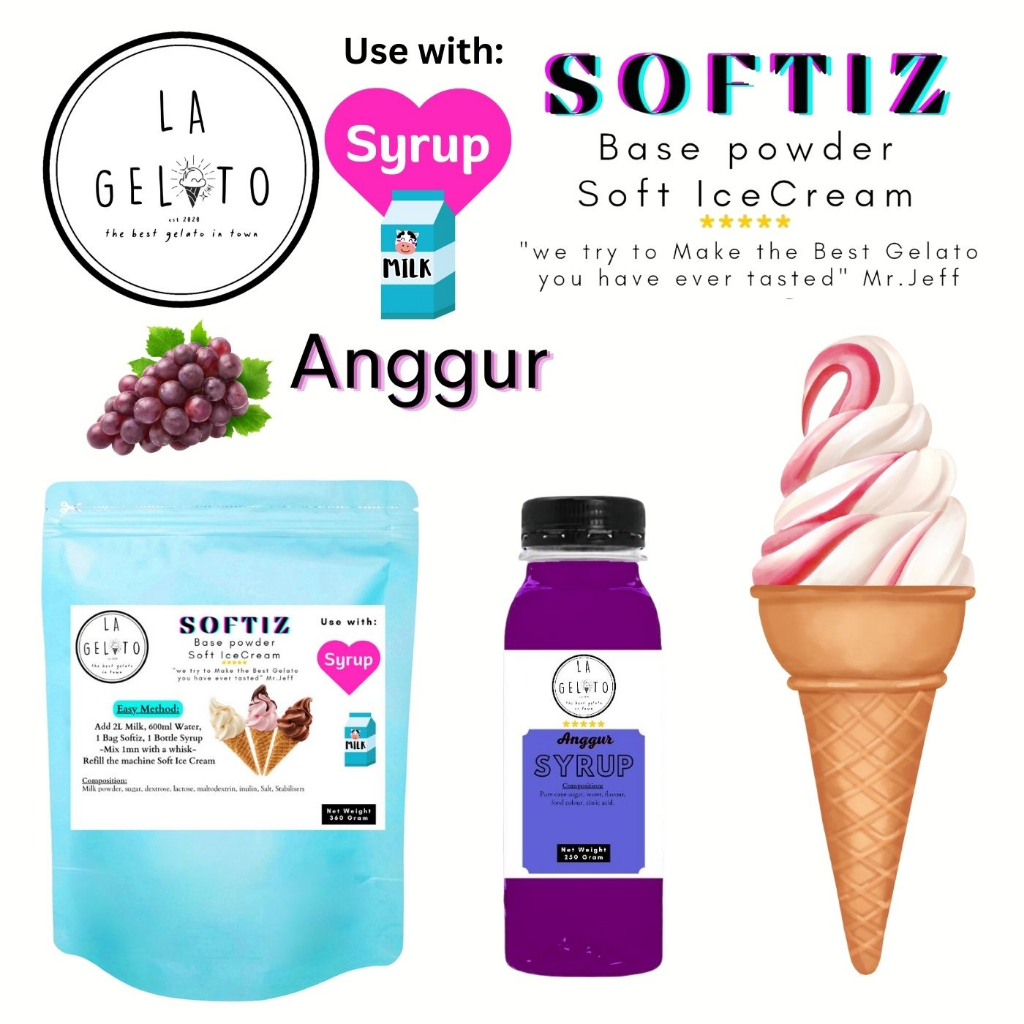 

Paket Softiz bubuk soft ice cream dan sirup rasa Anggur untuk 3kg