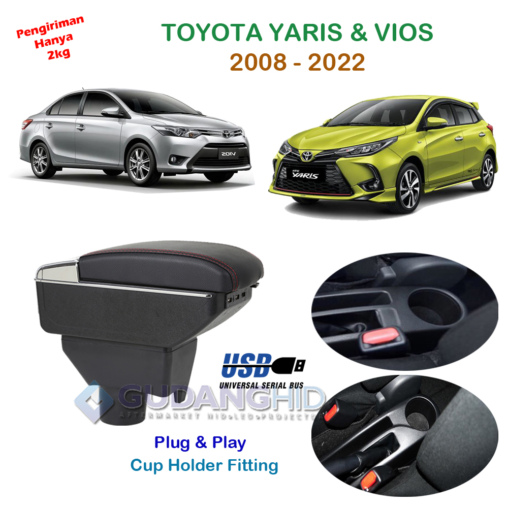 Armrest Mobil Toyota Vios Yaris 2008 - 2022 Console Box 7 USB Port Charger + LED