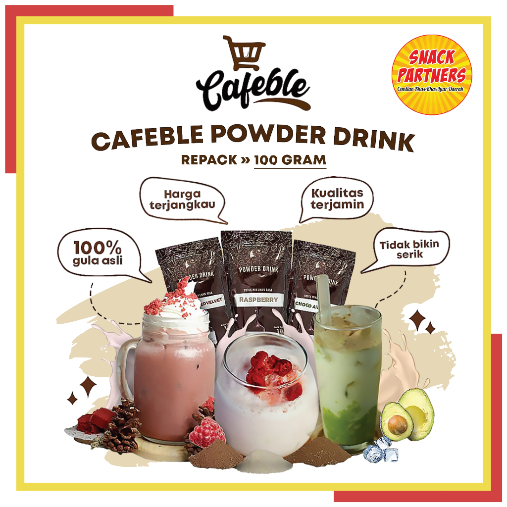 

CAFEBLE Powder Drink REPACK 100 GR - Bubuk Minuman Premium Kekinian Ala Kafe Aneka Rasa All Varian -Chocolate Coklat Hazelnut Blackforest Strawberry Matcha Taro Red Velvet Bubble Gum Cotton Candy Cookies Cream Thai Milk Tea Cappuccino Mochaccino Kopi