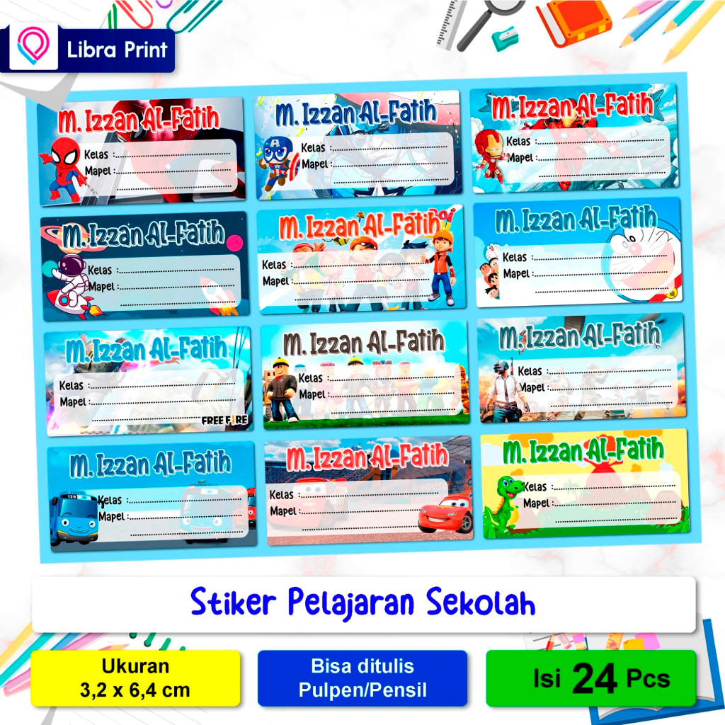 

Cetak/Print Stiker Label Buku Pelajaran Sekolah Isi 24 Pcs - Karakter Kartun