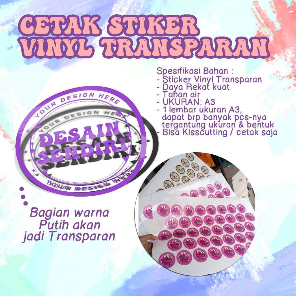 

Cetak Stiker Custom Desain Sendiri SIAP CETAK - Bahan Vinyl TRANSPARAN - CETAK STICKER VINYL TRANSPARAN MURAH / STIKER VINYL CUTTING / TANPA CUTTING BEBAS DESIGN BENTUK & UKURAN