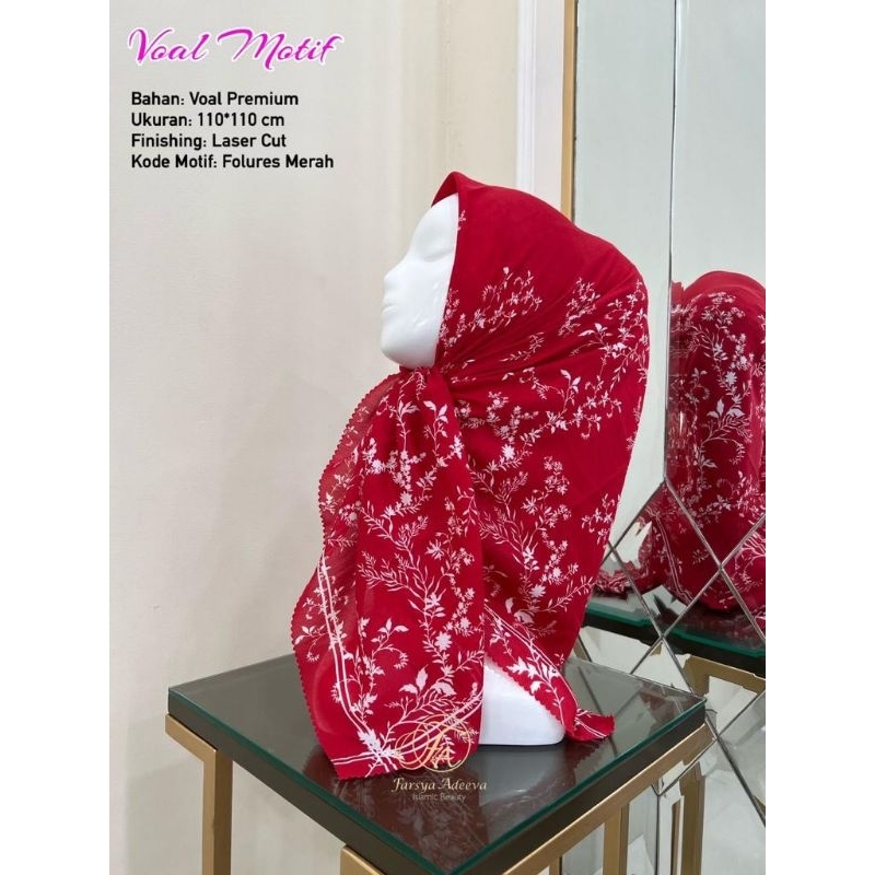 hijab segiempat motif flores warna merah cabe krudung voal premium