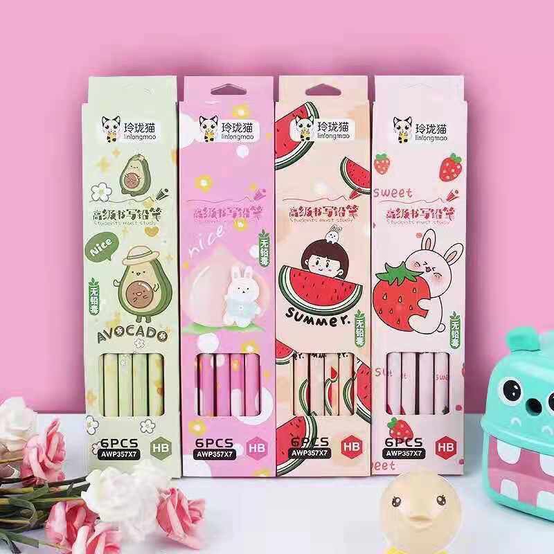 

6pcs pensil dan penghapus buah lucu unik alat tulis sekolah kantor pensil murah