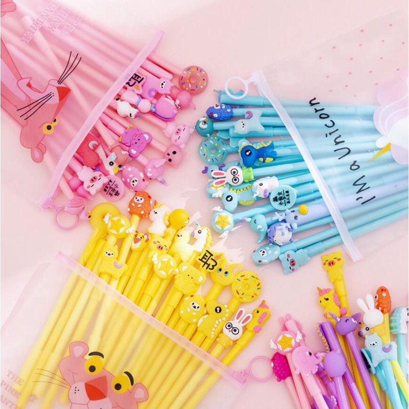 

1set pulpen gel lucu karakter gratis tempat pensil unicorn motif acak murah