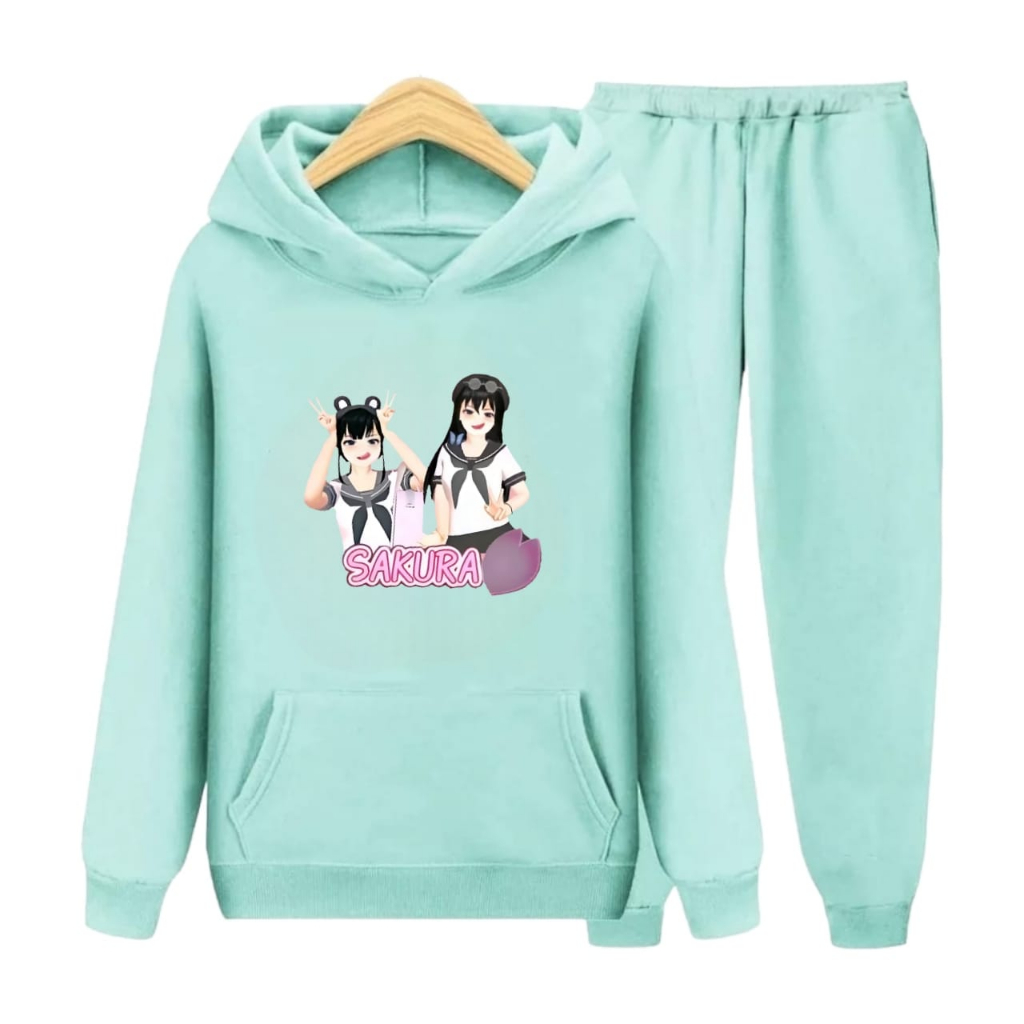 Setelan Sweater Hoodie Anak Perempuan Motif Sakura High School Umur 6 Tahun - 12 Tahun Sweater Hoodi