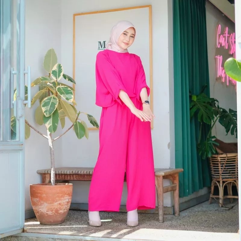 One Set Baju Setelan Wanita Bahan Crinkle Airflow Premium motif  Polos