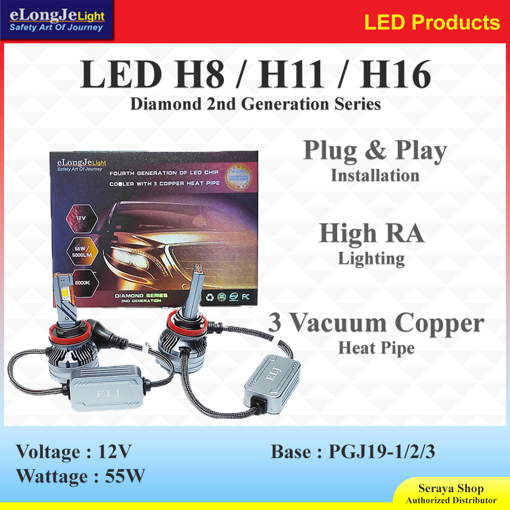 Lampu LED Diamond 2nd Gen H8 / H11 / H16 12V 55W High RA - eLongJe