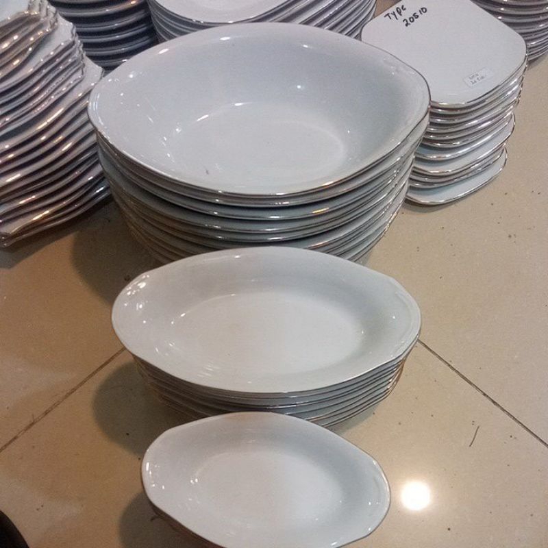 Mangkok SANGO oval ukir Warna Putih list gold (3 ukuran)