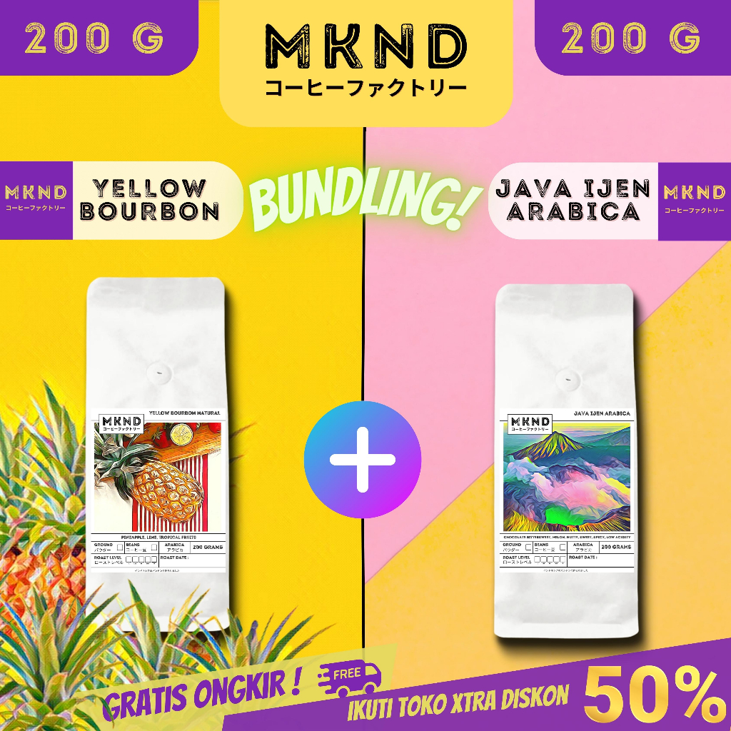 

MKND® BUNDLING HEMAT 2X200 KOPI ARABIKA YELLOW BOURBON NATURAL SINGLE ORIGIN + KOPI ARABIKA JAVA IJEN BLUE MOUNTAIN NATURAL GRADE 1 SINGLE ORIGIN PROMO DISCON | BIJI BUBUK | SINGLE ORIGIN | PREMIUM COFFE | ROASTED BEANS | MANUAL BREW | COFFE ROASTERY