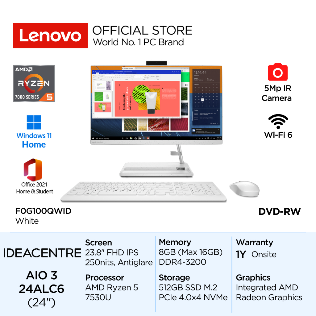 Lenovo PC IdeaCentre AIO 3 24ALC6 AMD Ryzen 5 7530U Win11 Home 8GB 512GB SSD 23.8" FHD IPS 250nits A