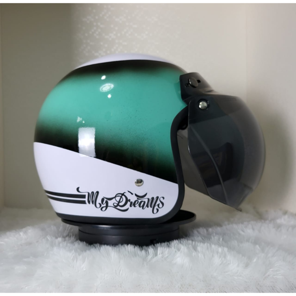 HELM BOGO RETRO GRADASI KOMBINASI PUTIH HIJAU TOSCA GLOSSY