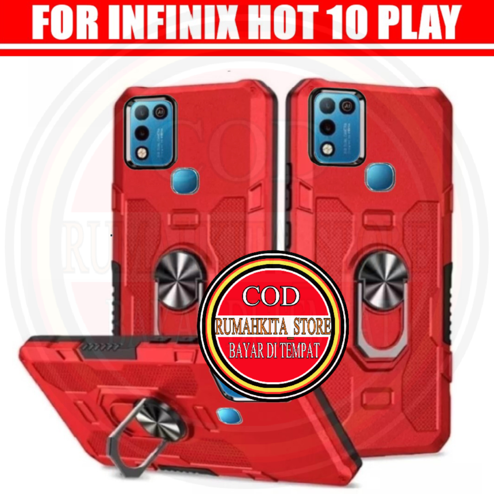NeW Hybrid Armor Case INFINIX HOT 10 PLAY NEW Soft Case Robot Hit EYE Ring Standing Hard Case Carbon Leather