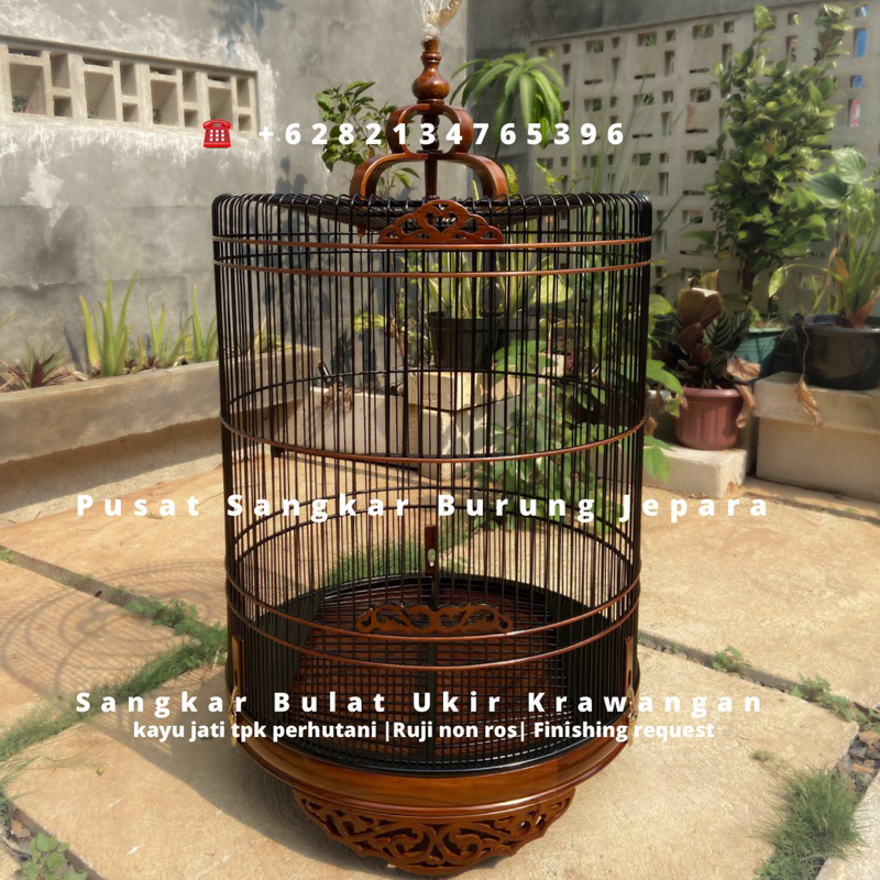 sangkar murai ukir motif krawangan khas Jepara material kayu jati tpk perhutani kombinasi bambu non 