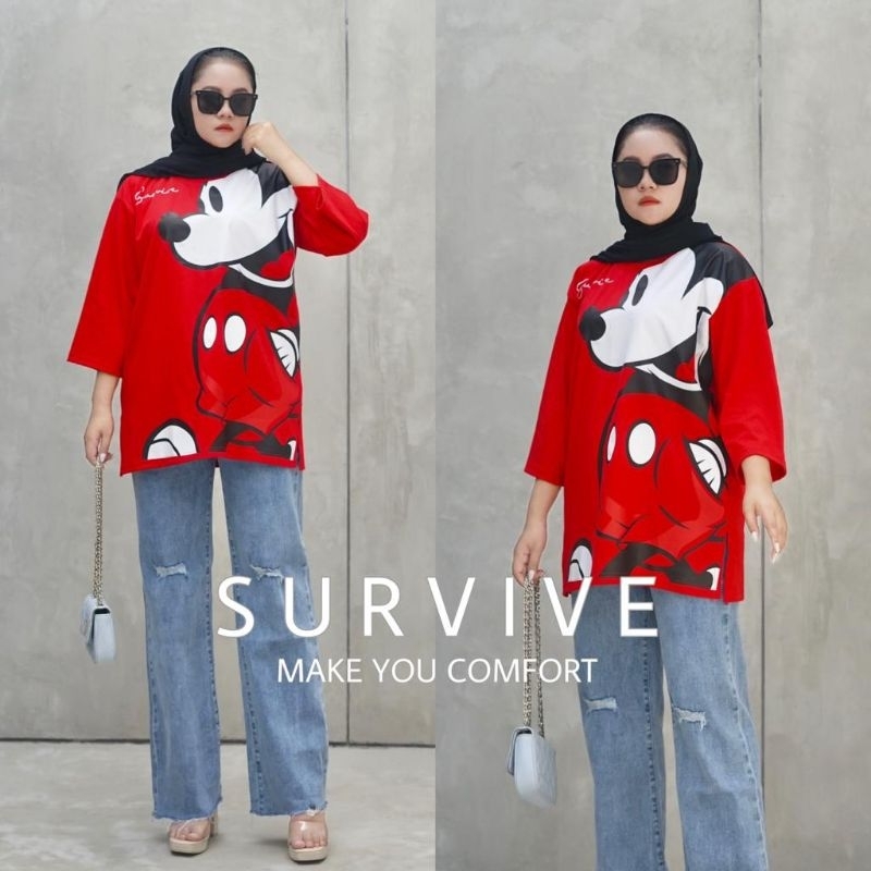 ' SURVIVE ' kaos Wanita Oversize Tunik Ld 120 / Atasan Wanita Tunik Survive Karakter Mickey Mouse