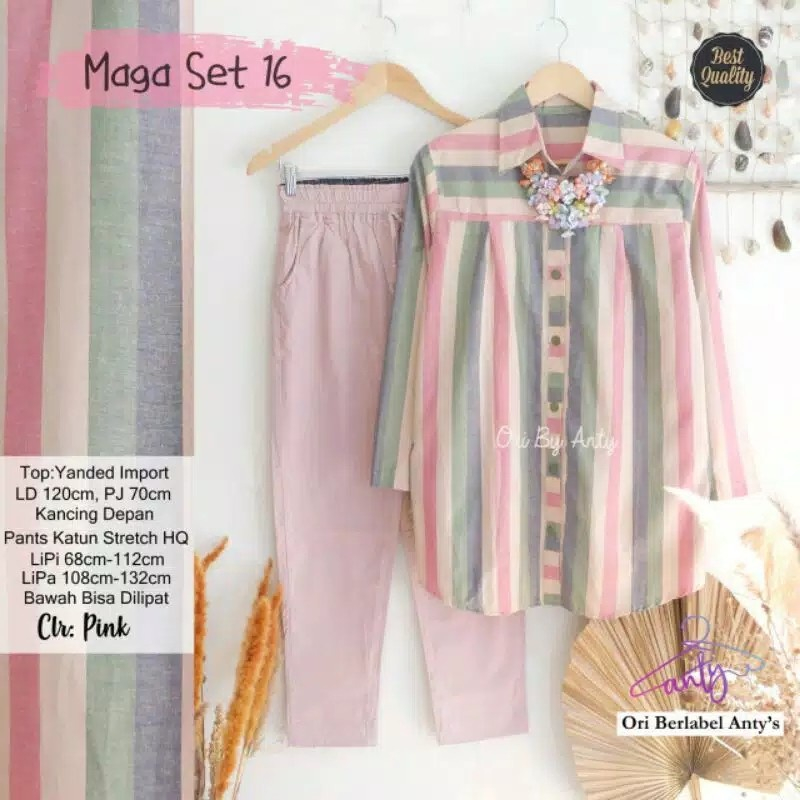 BHL - MAGA SET 16  Setelan Celana dan Kemeja Salur Wanita Super Best Seller Kancing Aktif Bahan Katu
