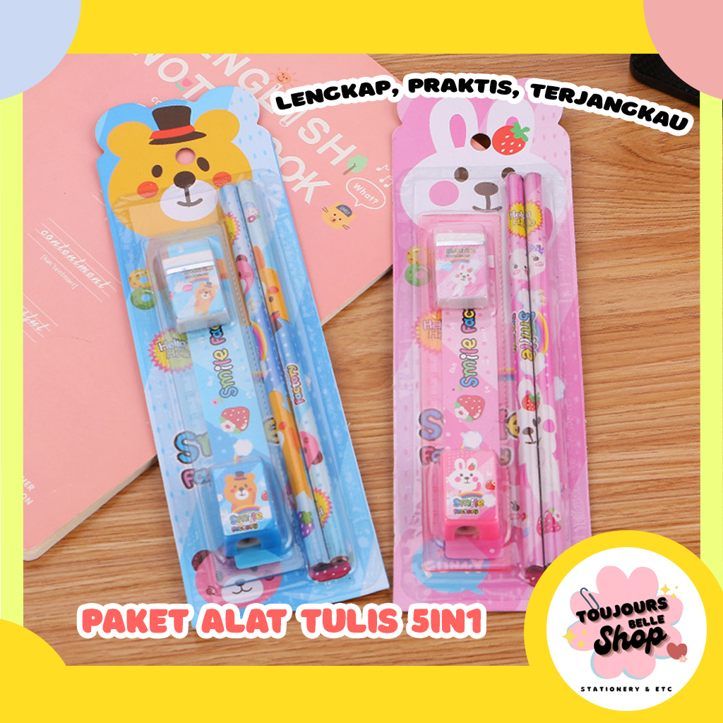 

[TBS] 5 IN 1 Stationery Set Alat Tulis Penghapus, Penggaris, Pensil, Rautan Kado Souvenir