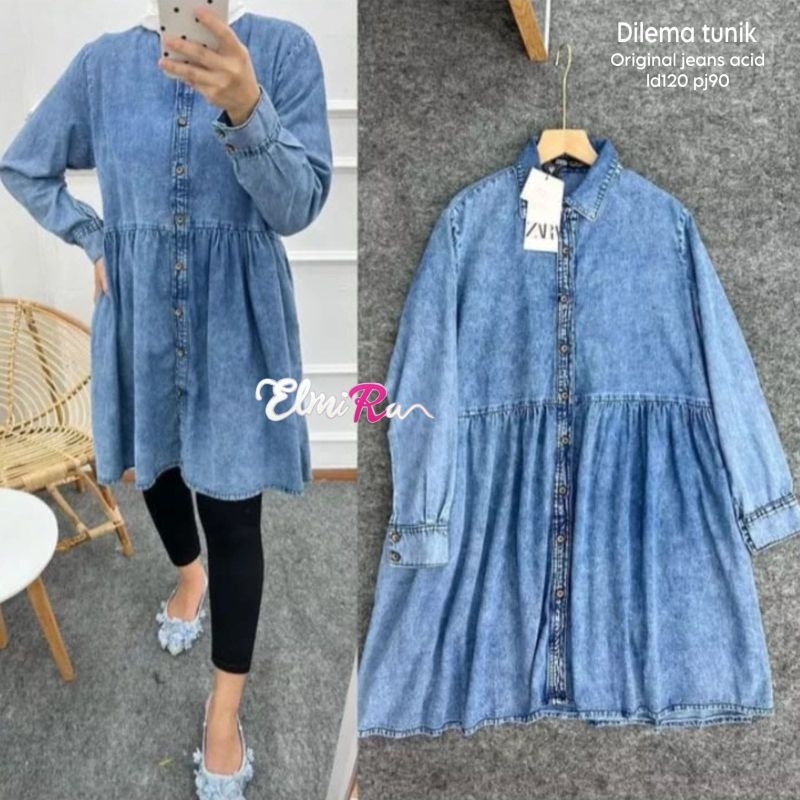 Dilema Long Tunik Polos Jeans Snow Peplum Ld 120 Jumbo Fit XXXL Busui Kancing By Elmira