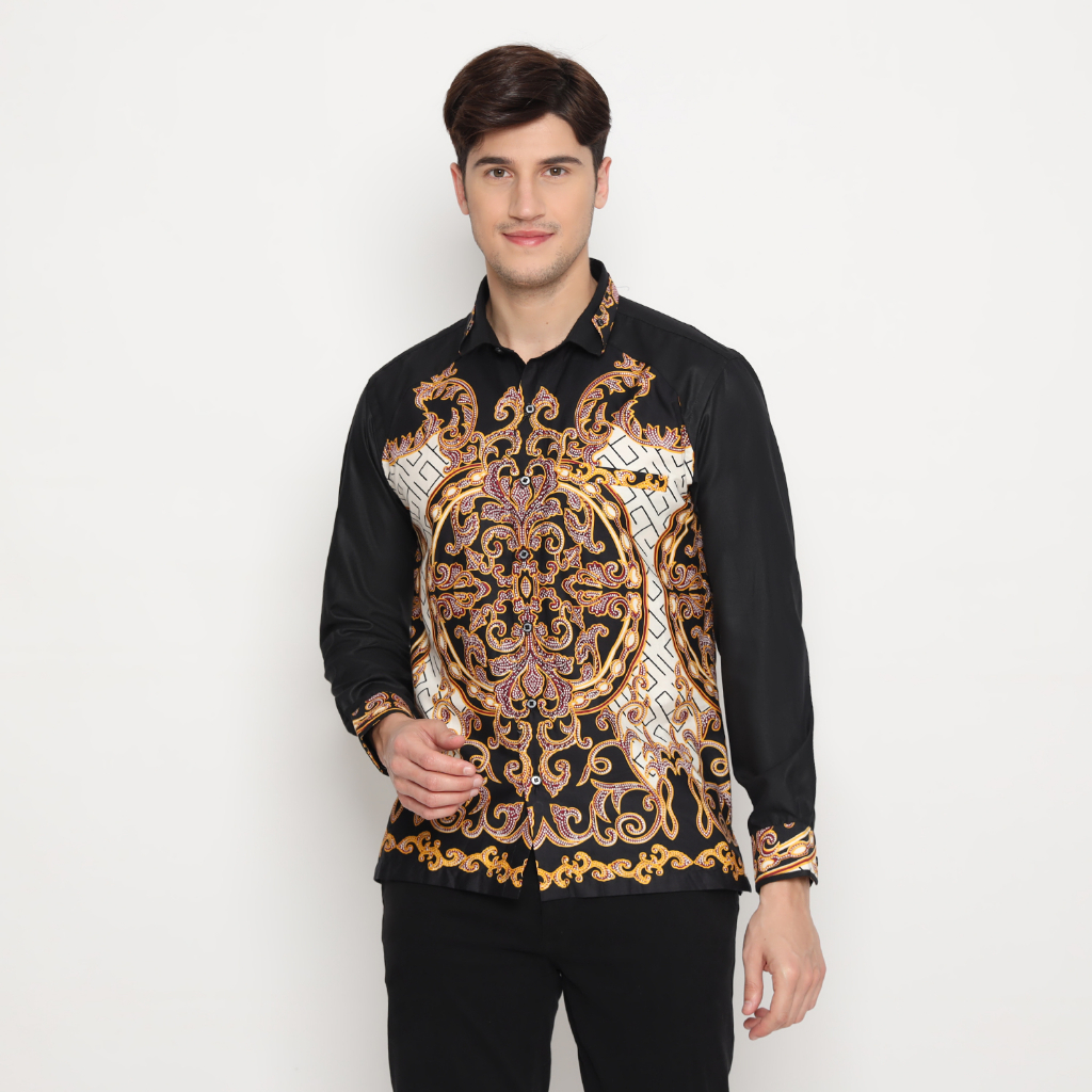LUIGI RICCIO Kemeja Batik Pria Lengan Panjang Fashion Dewasa Black Series Acara Pesta Casual Kerja K
