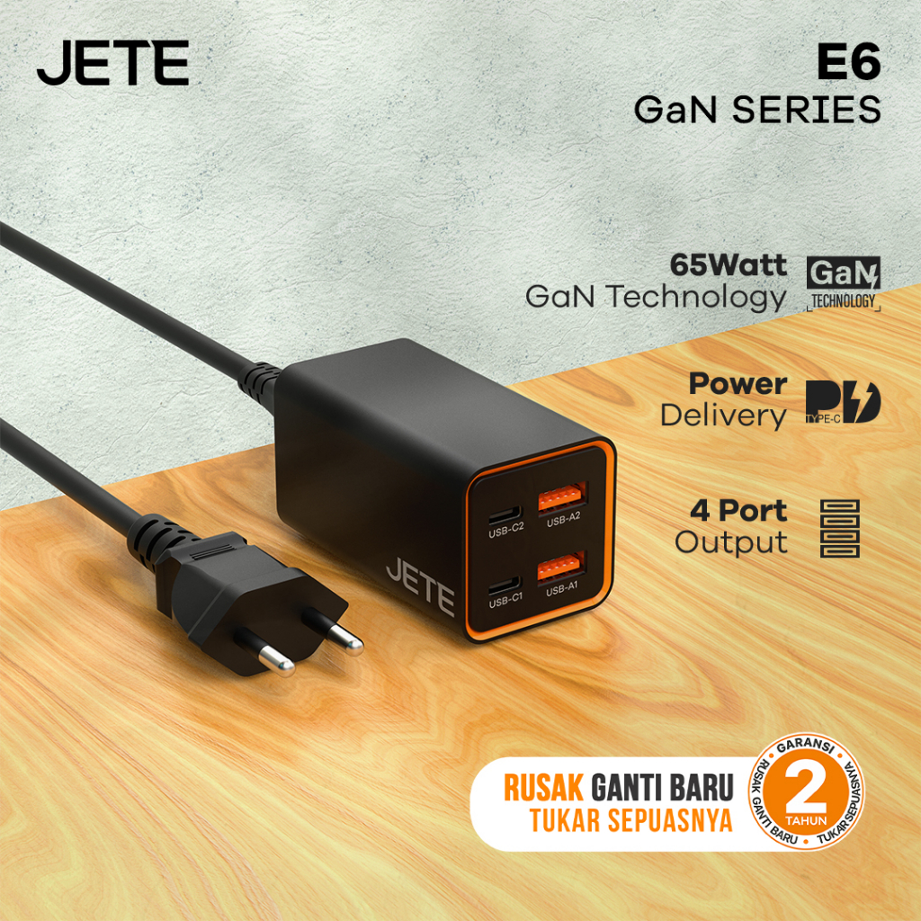 JETE E6 Adapter Fast Charger GaN 65W + 4 Port (Dual USB & Dual TypeC) - Charger JETE E6 - Garansu Re