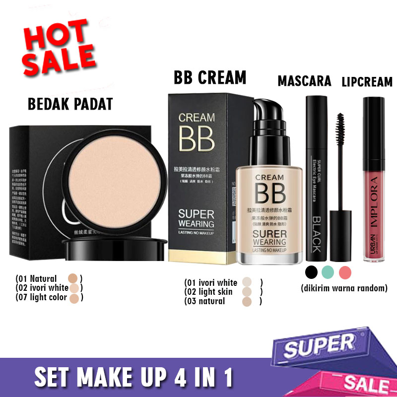 Paket Set Make Up Termurah 4in1  Bedak Padat + BB Cream Foundation + Mascara + Implora Lipcream - di