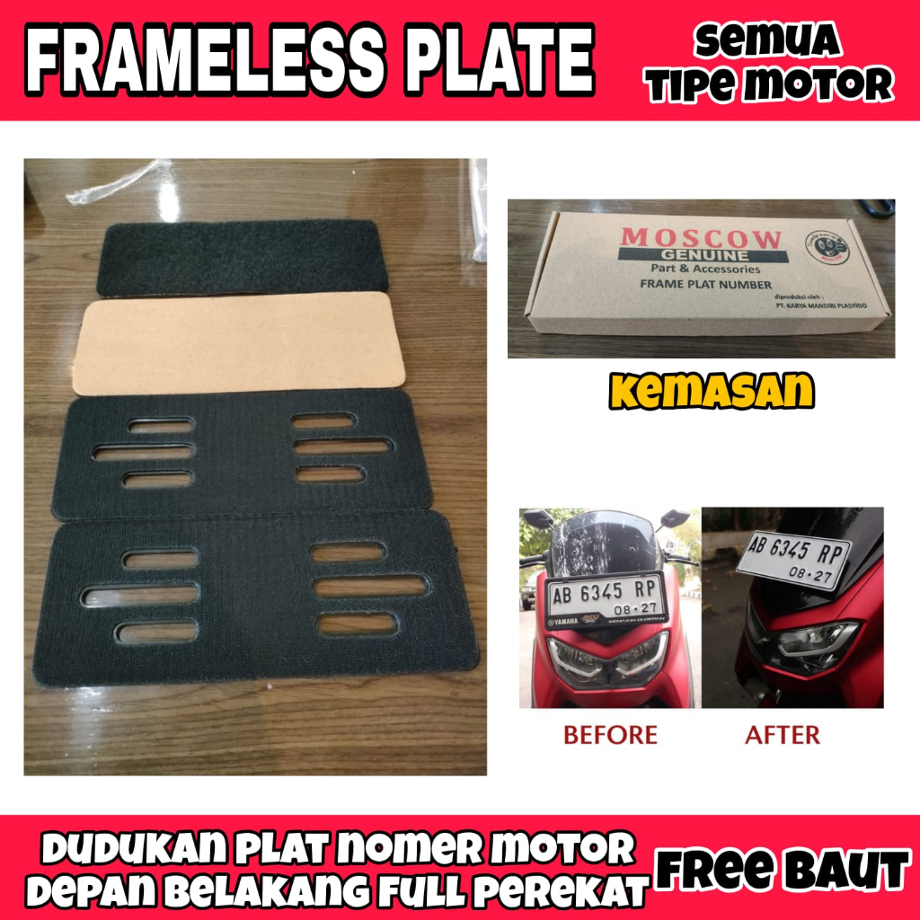 FRAMELESS PLAT NOMOR DUDUKAN PLAT NOMOR UNIVERSAL FRAME PLAT NOMOR 1 SET MOTOR ( CLEAN LOOK ) PLAT V