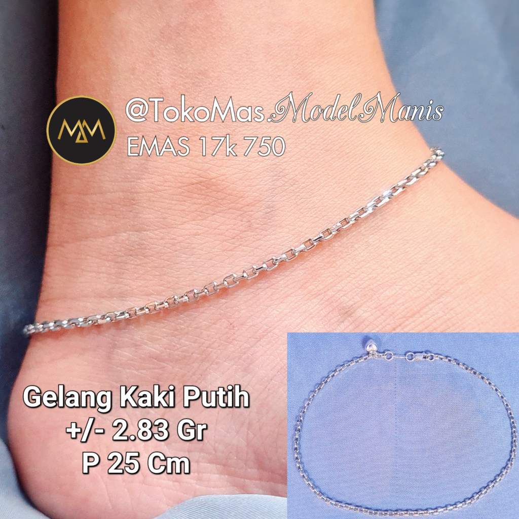 Gelang Kaki Rantai kotak emas putih 750 kadar 17k