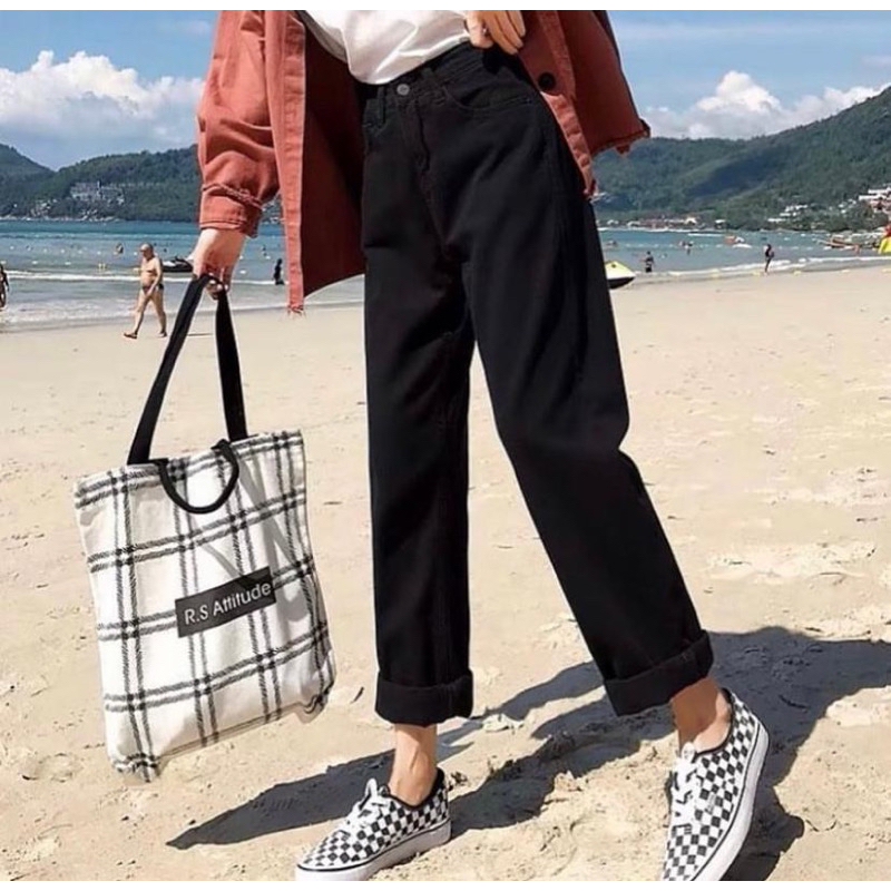 Basic Boyfriend Jeans Wanita Black / Hitam Size 27-34 Cewek Hijab Korean Style