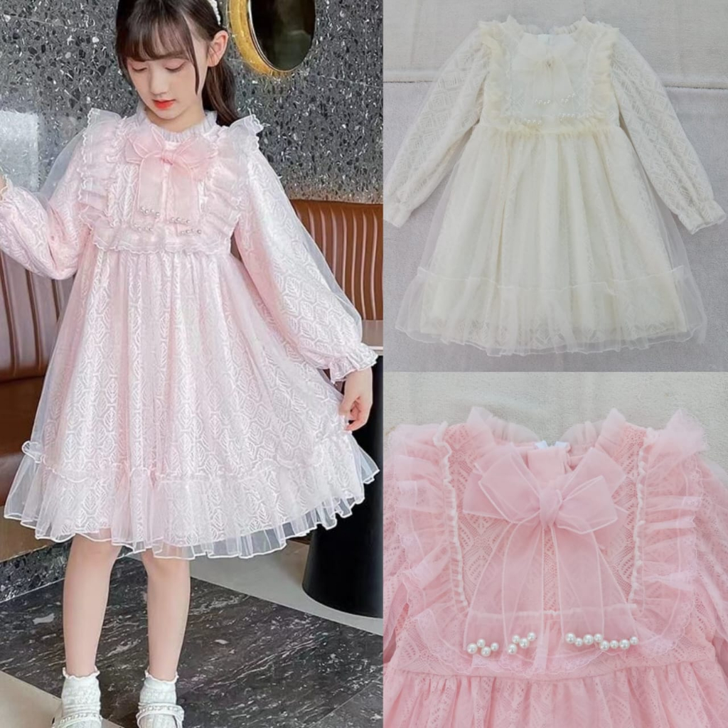 Dress brukat anak 6-10th  putih pink import gaun pesta premium