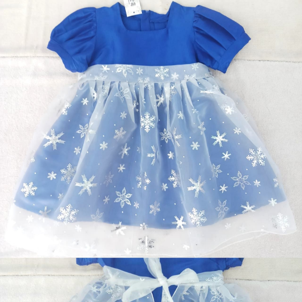 (1-6th) Dress anak biru putih snowflakes import snowflakes frozen elsa lengan balon gaun pesta biru 
