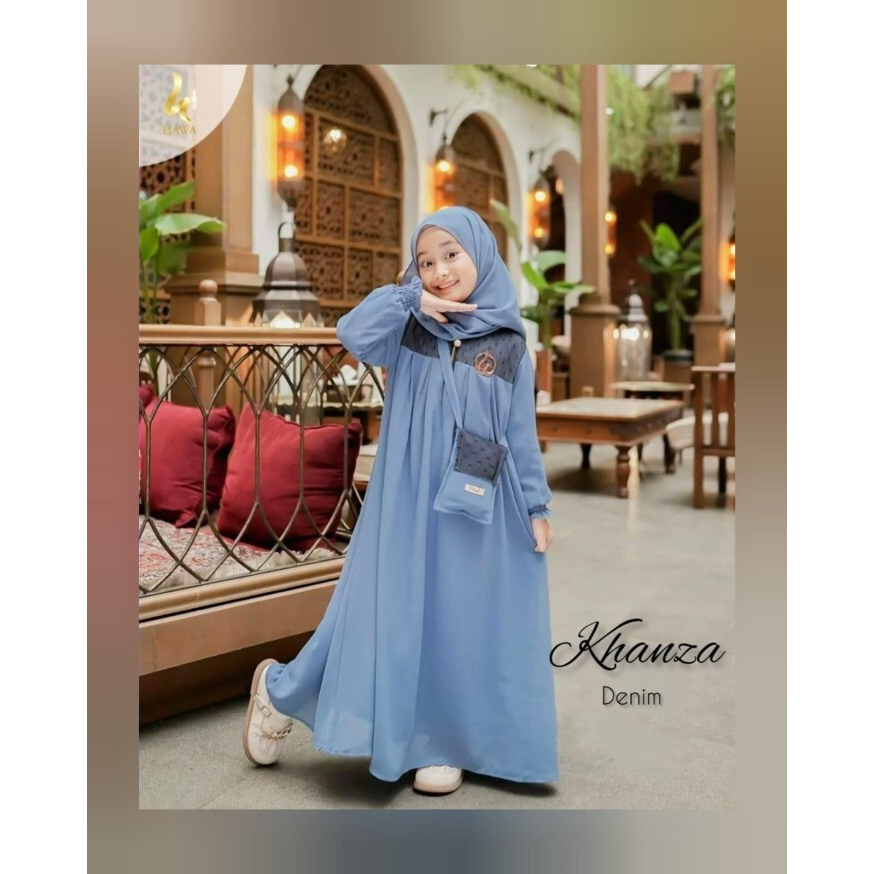 GAMIS ANAK PEREMPUAN KHANZA KIDS SYARI BAHAN KAIN CERUTY BABYDOLL MIX TILE DOT SIZE M L XL FREE HIJA