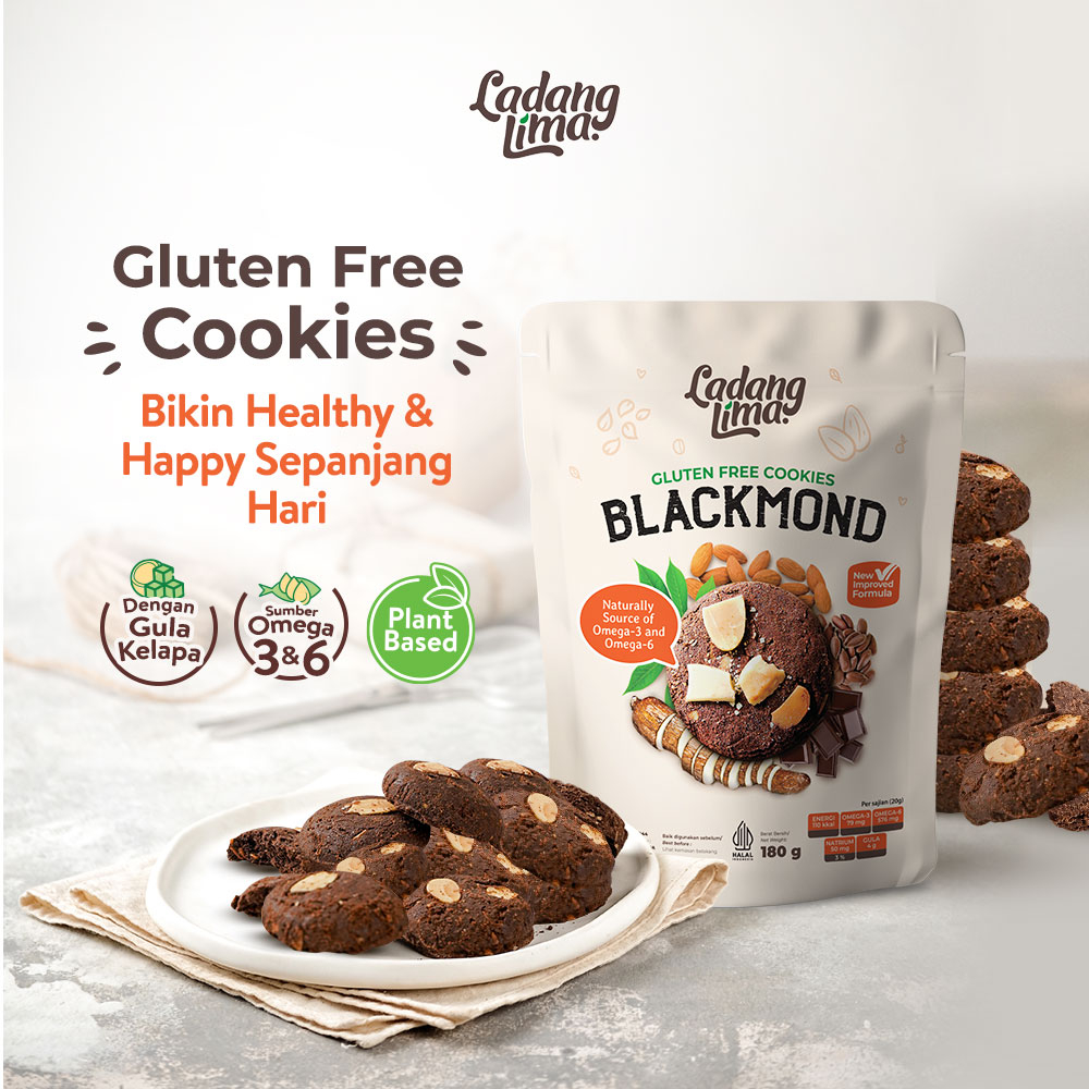 

Blackmond 180gr - Ladang Lima cookies gluten free with protein, serat, dan asi booster