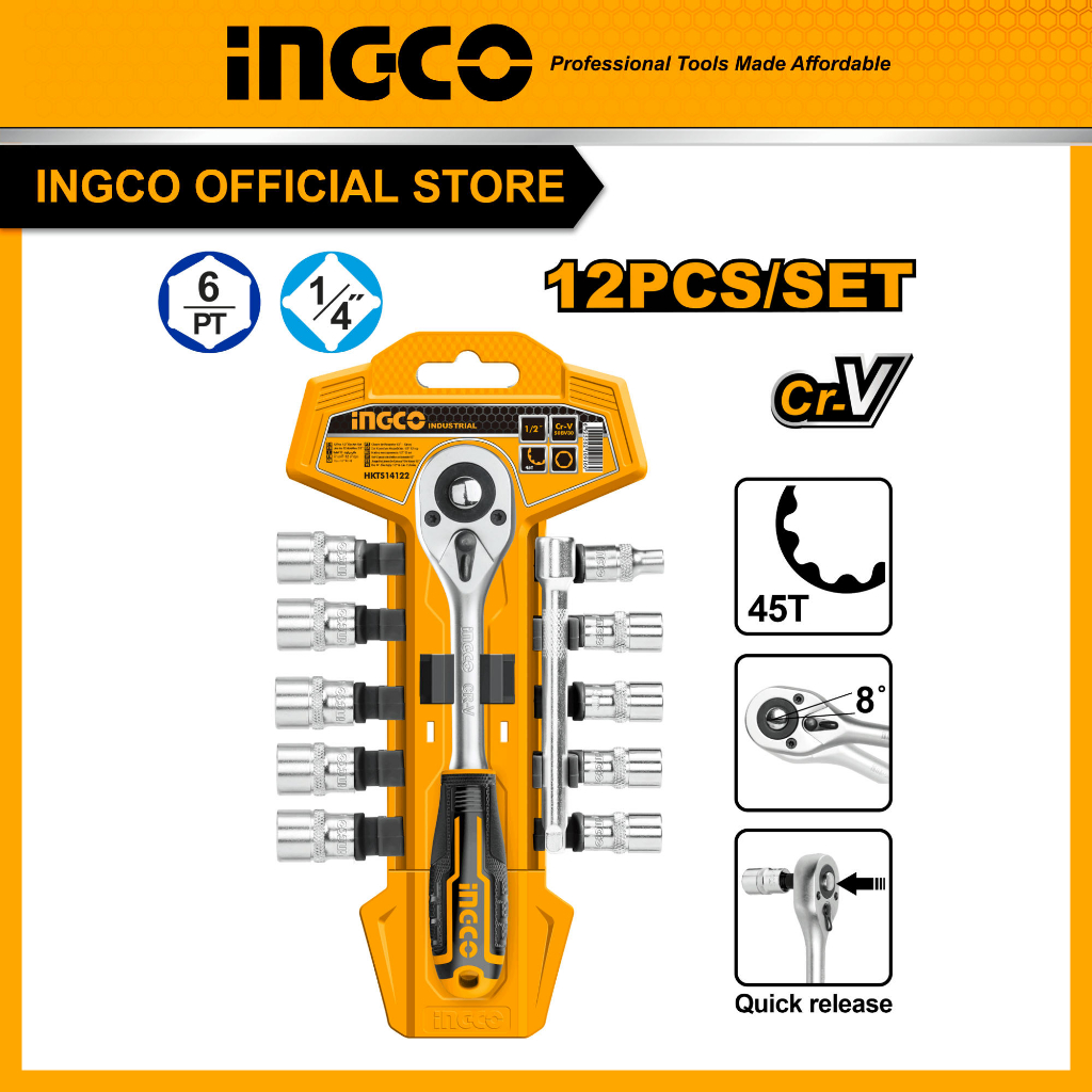 (INGCO) - KUNCI SHOCK SOK SOCKET SET 1/4" 12pcs INDUSTRIAL INGCO - HKTS14122