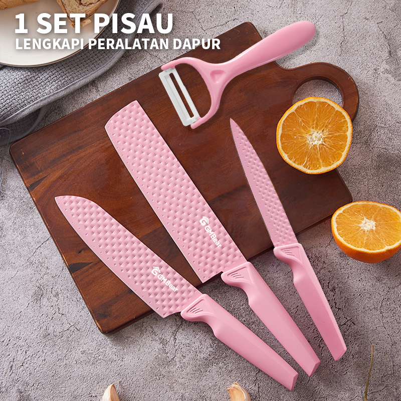 ORIGINAL GM Bear Pisau Dapur Diamond Set (4 in 1) 1526 - Pink Diamond Knife Set