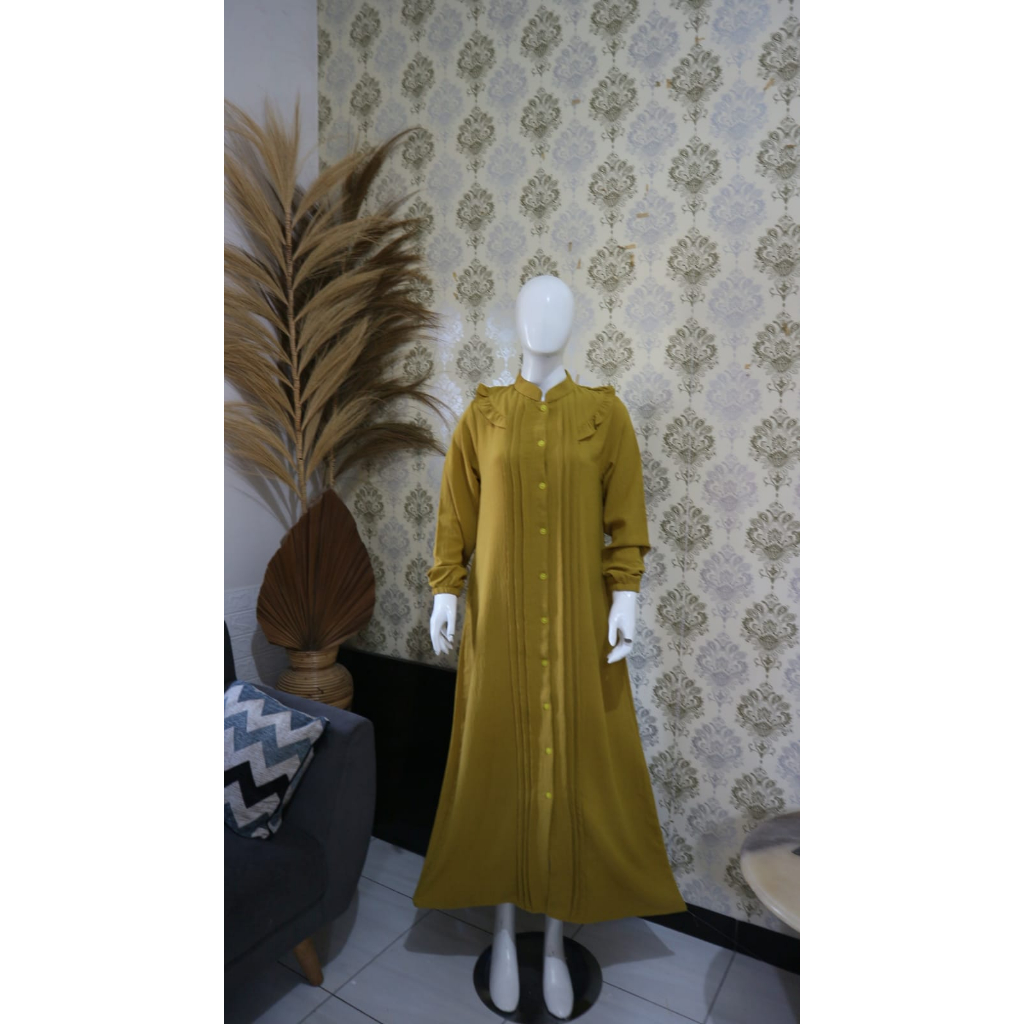 Gamis Dress Cringkle Model Kancing Warna Lemon