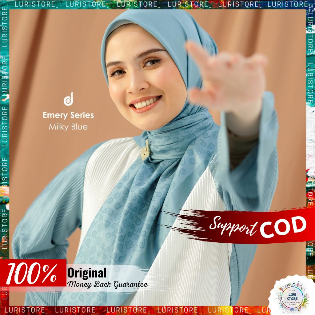 KERUDUNG DEENAY ORI EMERY MILKY BLUE Hijab Jilbab Segi Empat Voal Motif Denay Promo Terbaru Premium