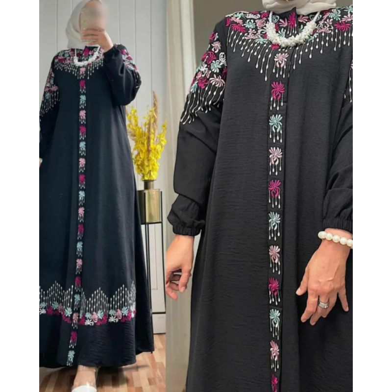 Dress Bordir Cringkle Airflow Premium  Felicia Dress Gamis Elegan Wanita
