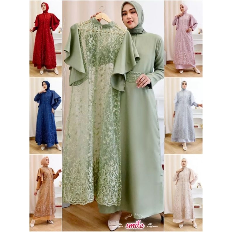 JUMBO LONG DRESS PESTA WANITA GEORGINA INNER MOSCREPE+OUTER BROKAT TILE BORDIR GLITTER LD 120-125