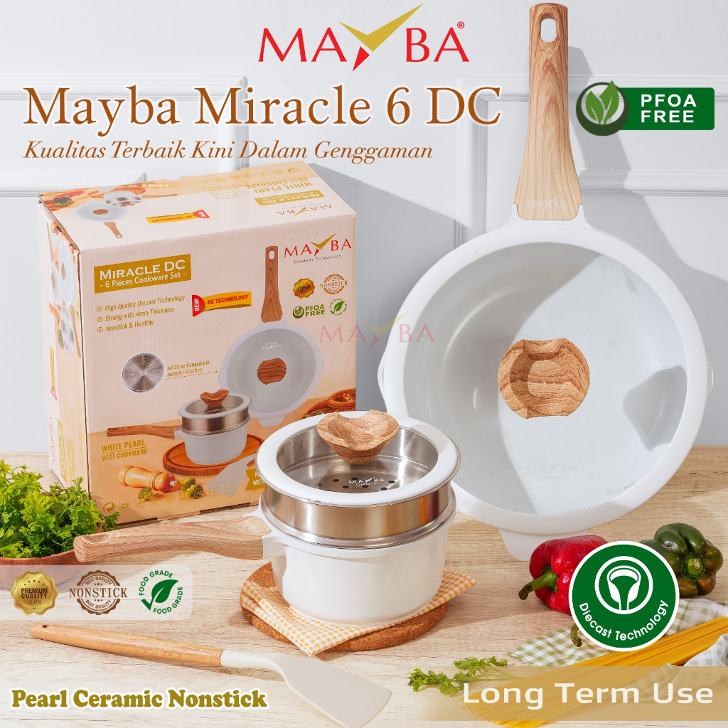 PANCI MAYBA SET 3 PCS dan 5 Pcs termasuk Glas Lid milkpan Wok PAN Glowing Ceramic Nonstick Tebal 3mm