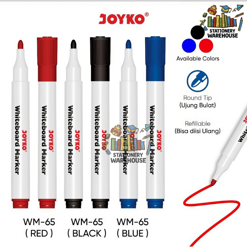 

Spidol Papan Tulis Dapat Dihapus WM-65 Hitam Biru Merah Whiteboard Marker Joyko Refillable