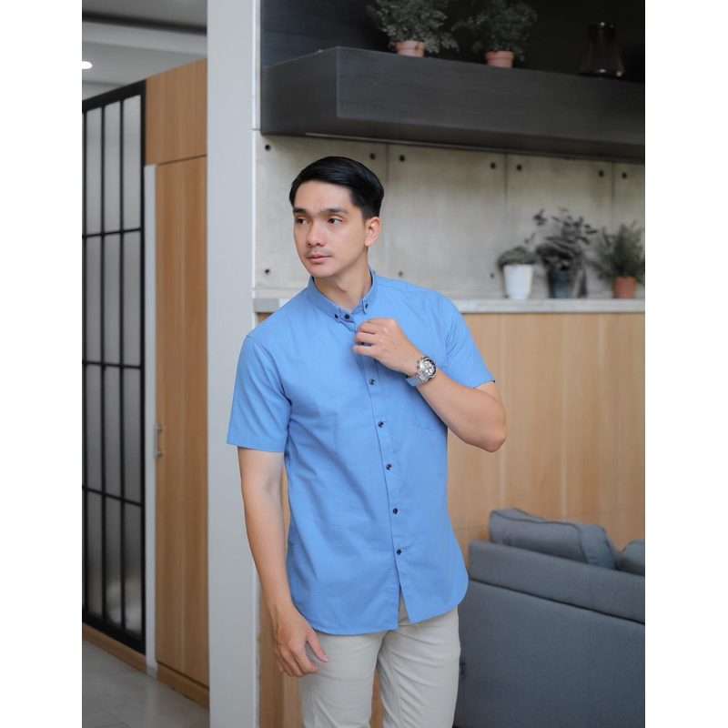 Hem Pria Polos Kemeja Polos Cowo Biru Denim