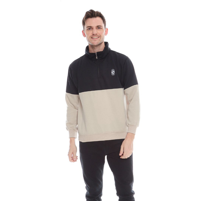 Jaket Sweater Halziper Pria Wanita Basic Combinasi Pria Wanita Hitam Denim & Cream Premium