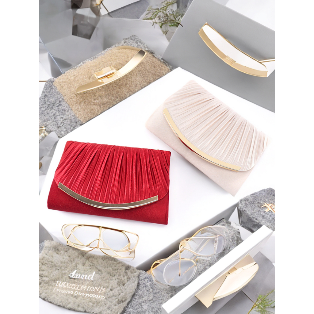 Tas Pesta Clutch Bag Tali Rantai Motif Lipit Kerang Tiram Mutiara Aksen Gold 2435