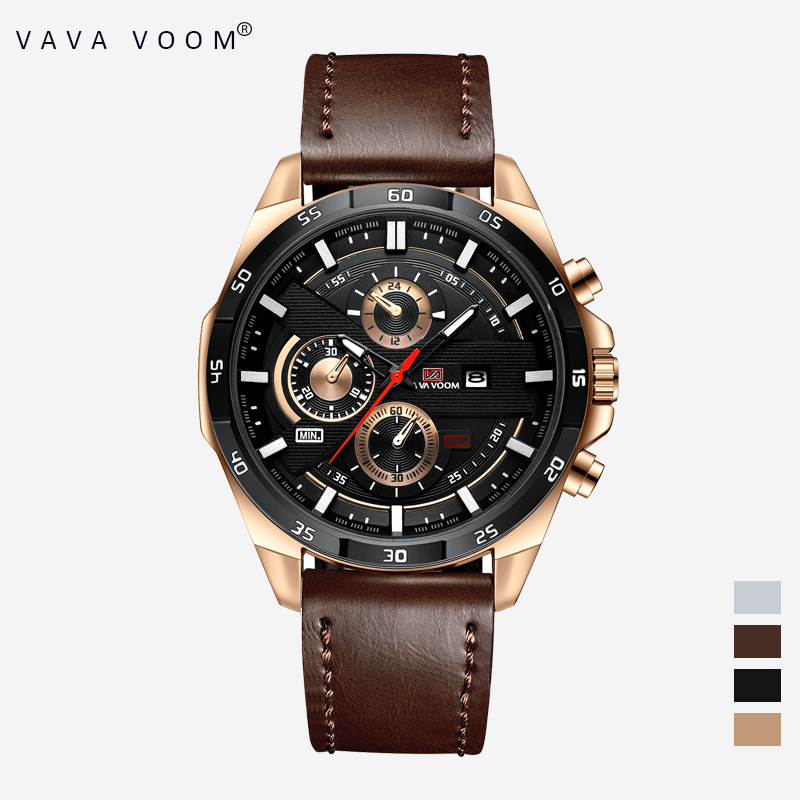 VAVAVOOM 216 Jam Tangan Pria Kulit Stainless Steel Analog Quartz Original Tahan Air Watch + Kotak Gratis-216-PZ3