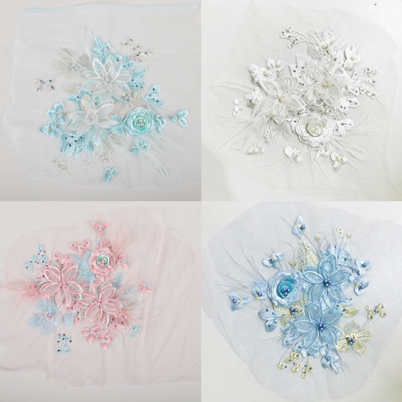 WY003 Patch Bordir Wedding Lace Bordir 3D Renda Bordir Bulu Ostrich Bunga Embroidery